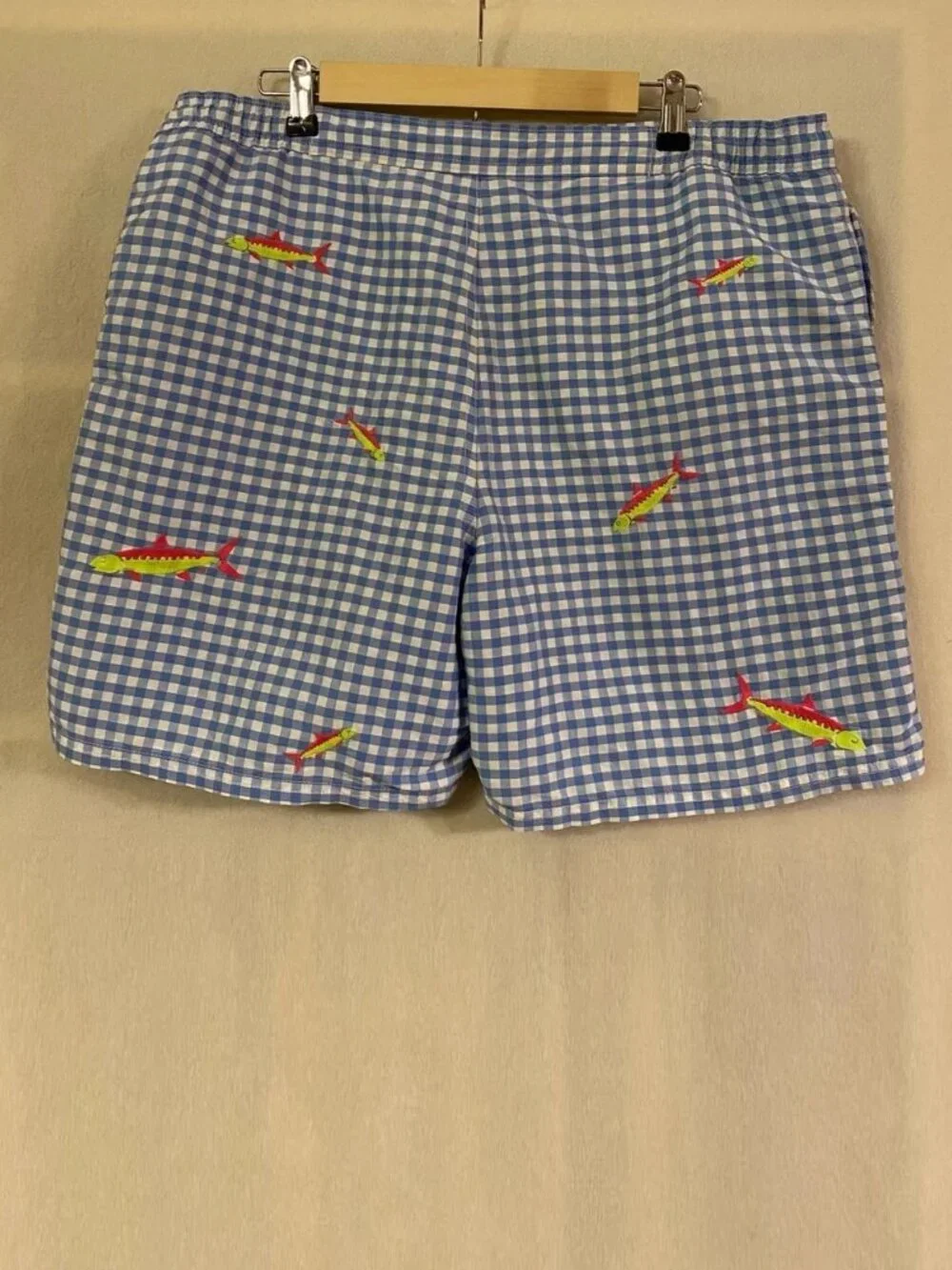 Vineyard Vines blue white gingham check bonefish embroidered Cabana swim trunks